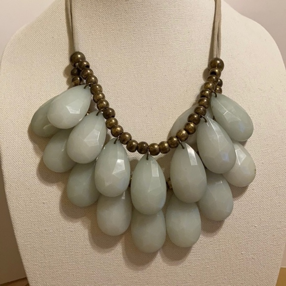 Large sage green teardrop double stranded statement necklace